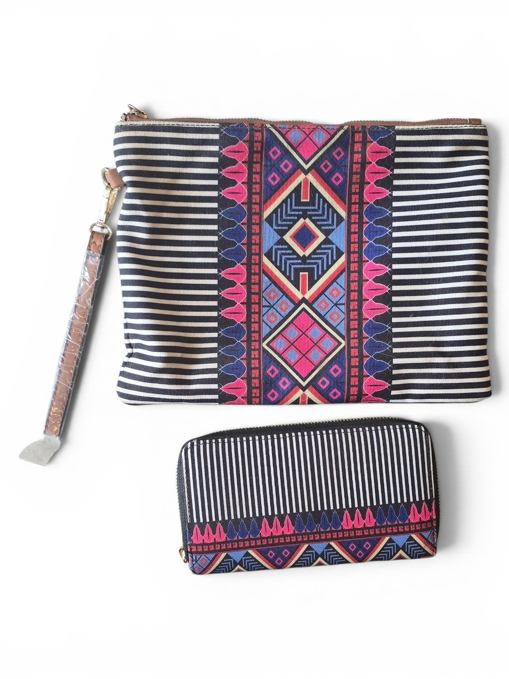 Striped Tribal Print Wristlet and Wallet - Black, White, Pink, Blue NWOT